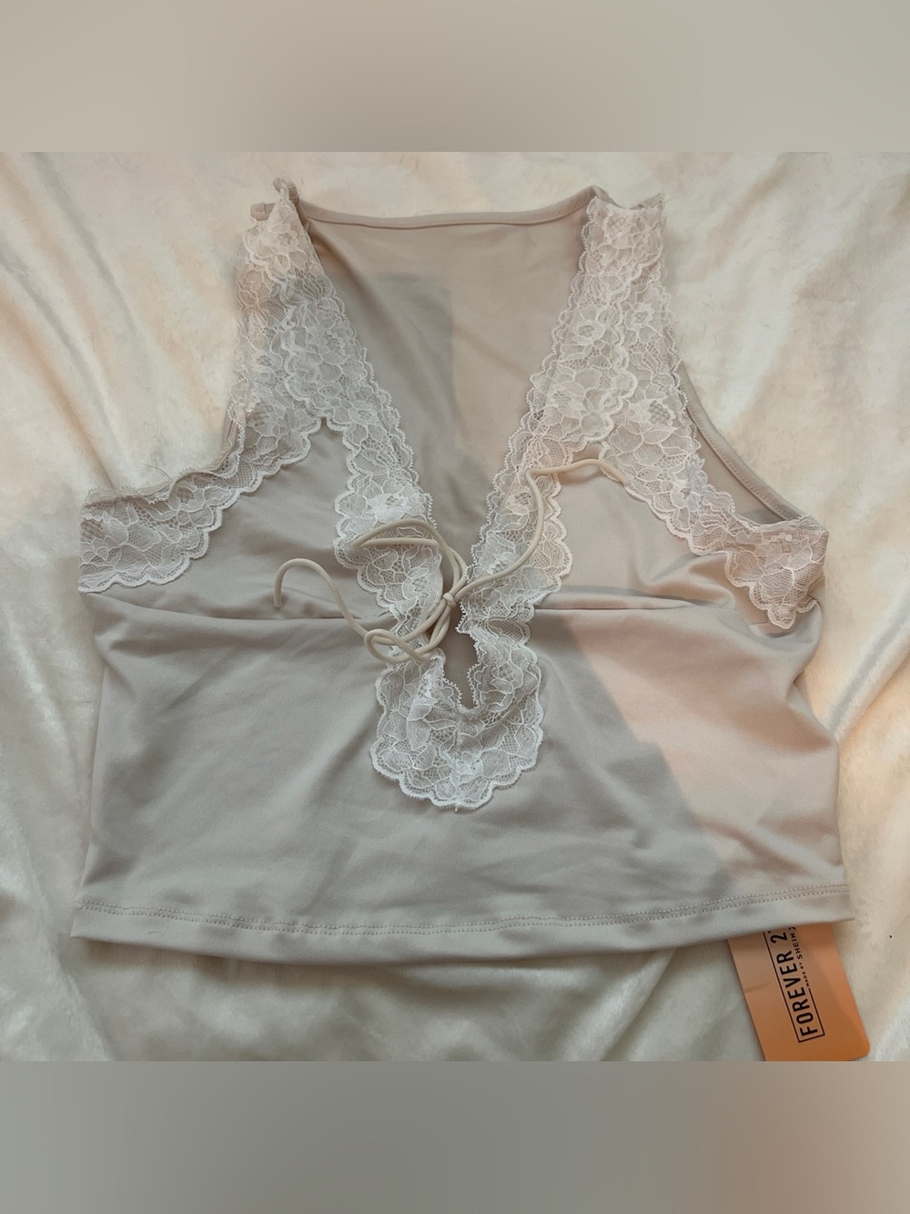 Forever 21 Beige Lace-Trim Satin Chemise Cami